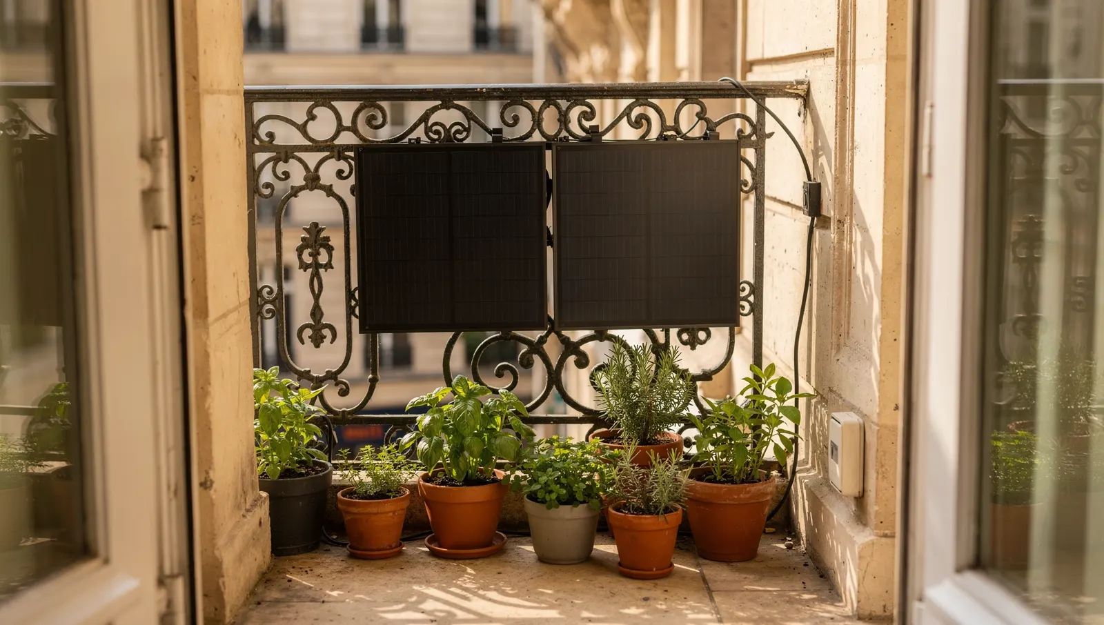 Petit balcon d'immeuble parisien avec deux panneaux solaires fixés au garde-corps