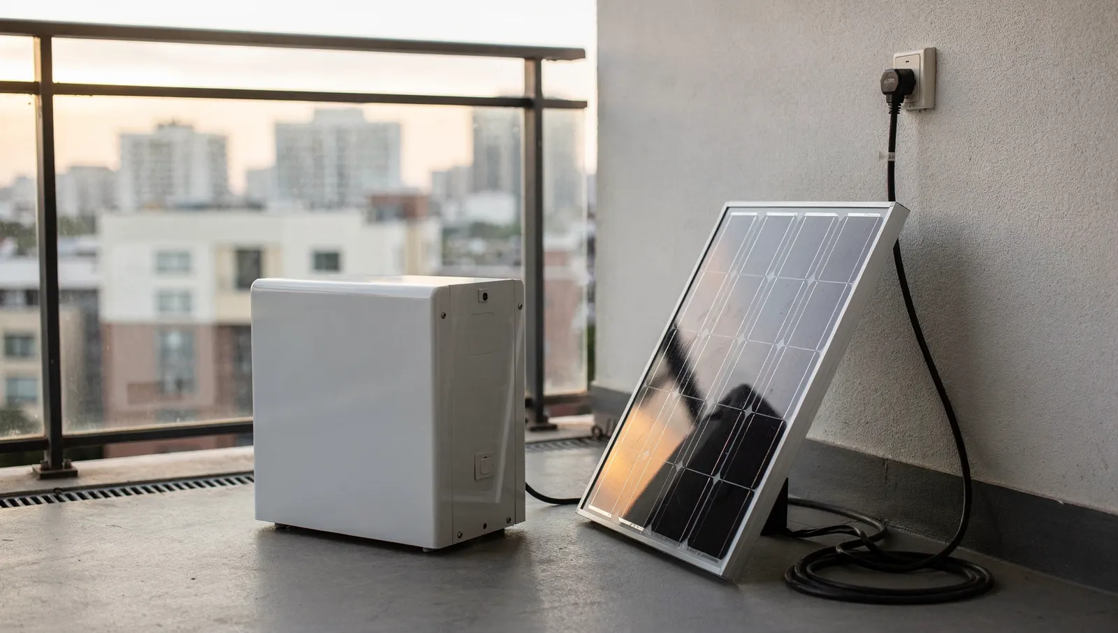 Batterie domestique posée sur un balcon à côté d'un panneau solaire branché