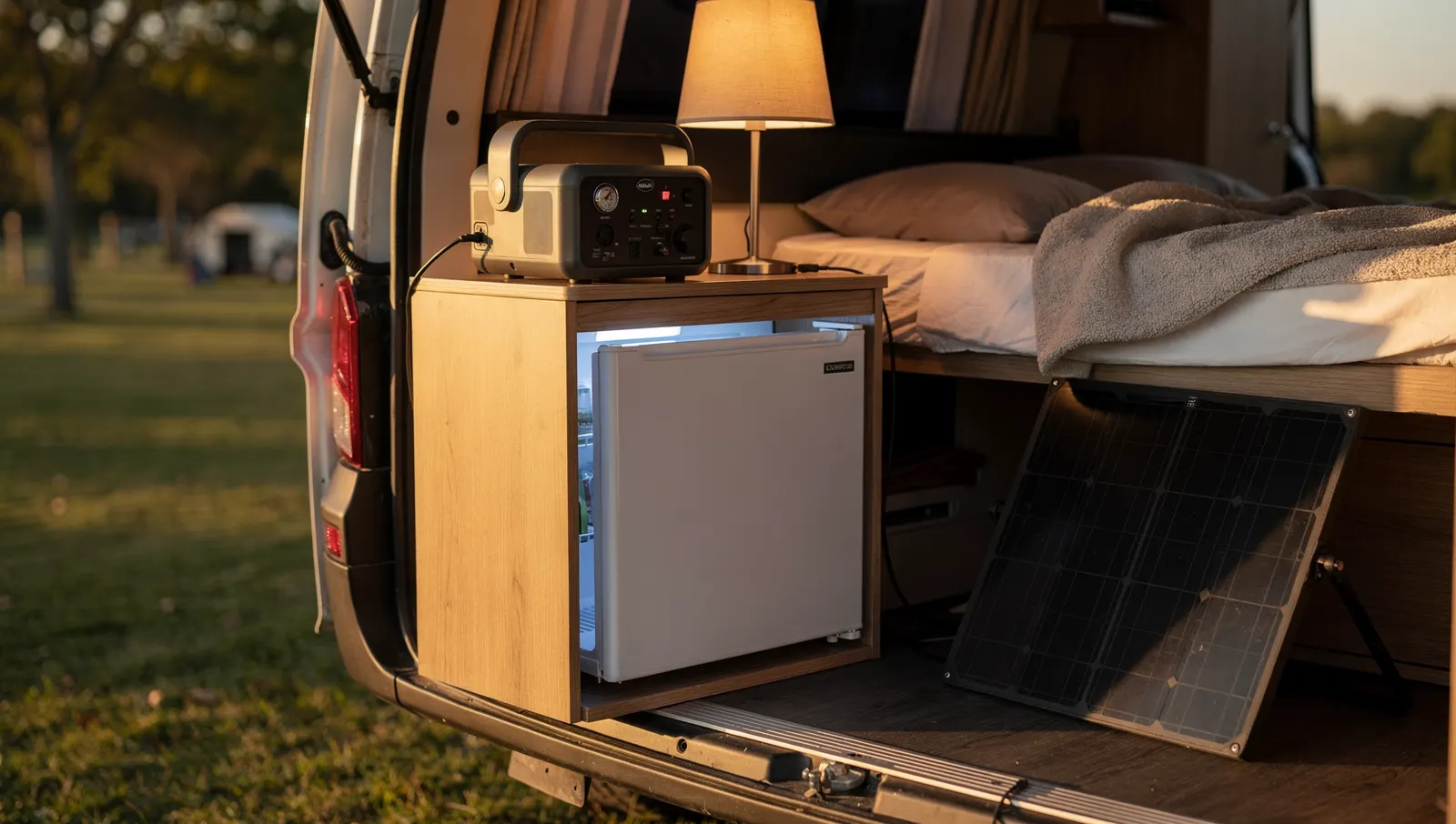 Station électrique portable dans un fourgon aménagé, reliée à un petit réfrigérateur et une lampe, panneau solaire pliable devant la porte latérale