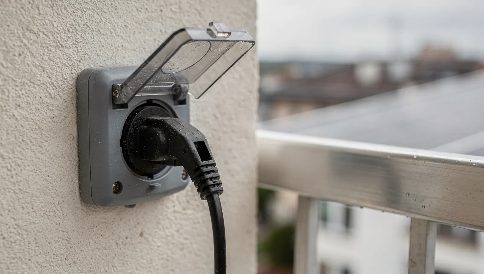 Prise électrique extérieure étanche sur le mur d'un balcon, avec une fiche branchée