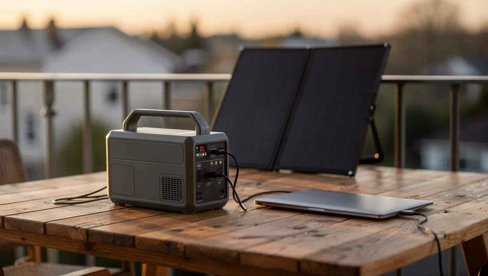 Station électrique portable sur une table de balcon, reliée à un panneau solaire pliable