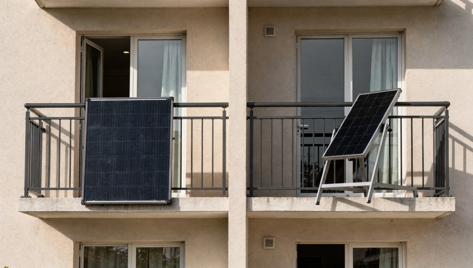 Deux balcons voisins : un panneau solaire vertical sur le garde-corps, un autre incliné sur un support